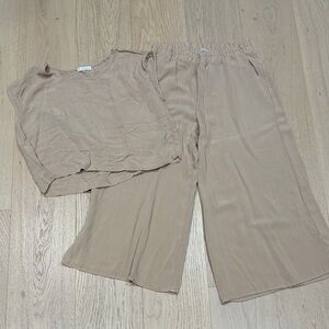 Goddess Wide-Leg Lounge Pants AND top in Light Tan